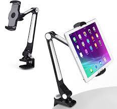AboveTEK Sturdy iPad Holder, Aluminum Long Arm iPad Tablet Mount, 360° Swivel Tablet Stand & Phone Holder with Bracket Cradle Clamps 4-11" Devices for Kitchen Bedside Office Desk Showcase Display